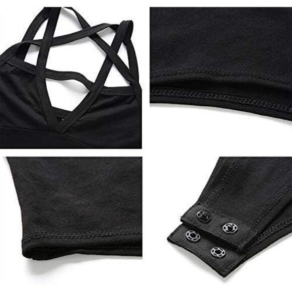 ⚡Women Black Hollow Out Low Chest Pentagram Bodysuit Gothic Dark Street Jumpsuit - Picture 7 of 9
